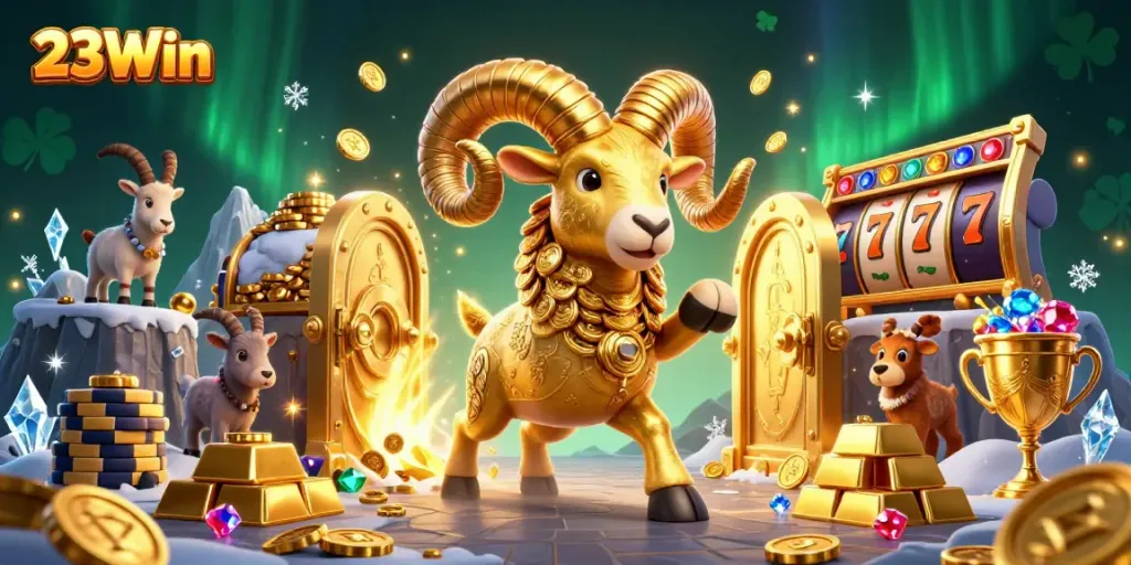 Engage with 23Win’s exciting online slots featuring a golden ram and treasure illustrations.