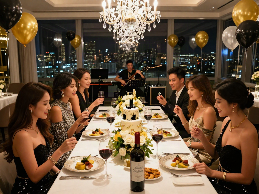 Perayaan ulang tahun mewah luxury111 dengan hidangan gourmet dan dekorasi elegan.