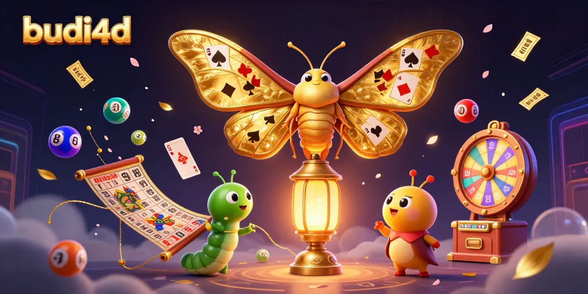 Experience thrilling wins with budi4d as colorful lottery balls and casino elements surround a majestic atlas moth.