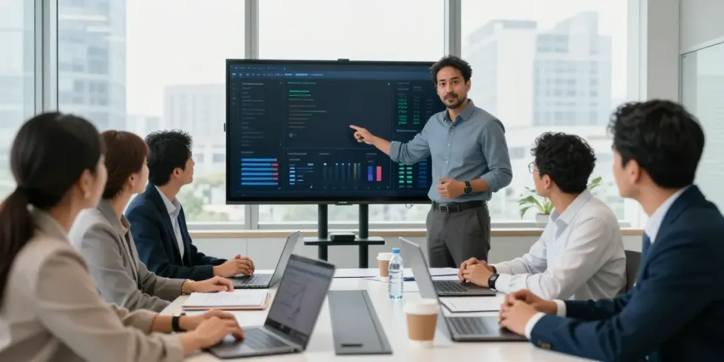 Michael Rustom Consultant leading a collaborative business meeting with analytics shown on digital screen.