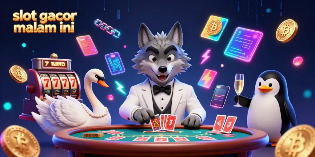 Gambarkan kemenangan di slot gacor malam ini dengan wolf dan karakter kartun kasino.