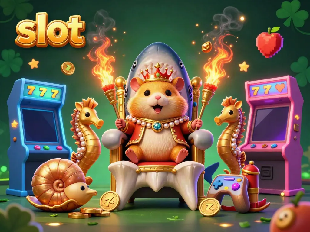 Putar slot dengan raja hamster emas yang bertakhta pada gigi hiu megalodon, dikelilingi mesin permainan arcade.