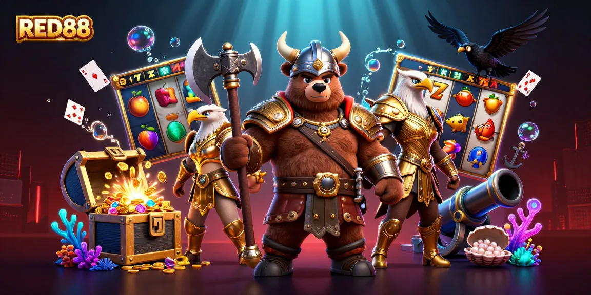 Spin jackpots with RED88 in an engaging scene featuring Viking heroics and casino elements.