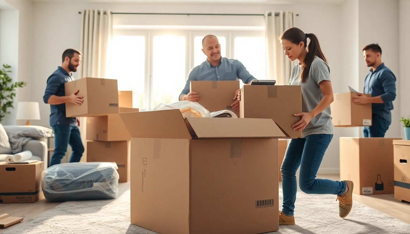 Packing movers efficiently organizing household items showing professionalism and teamwork.