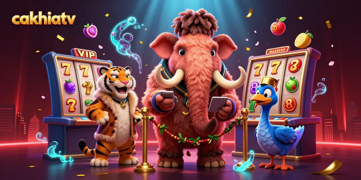 Cakhiatv showcases a vibrant casino scene with characters and slot elements, enhancing gaming excitement.