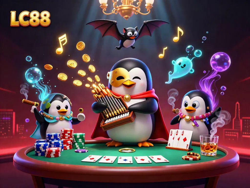 LC88 showcases a whimsical casino scene with a penguin and bat, celebrating gaming excitement.