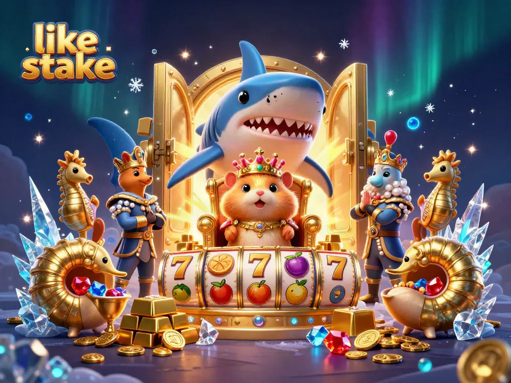 Spin and win like Stake with a golden hamster king and treasures in a dynamic casino scene.