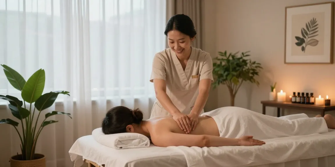 마사지 치료실에서 스웨디시 마사지 중인 전문 치료사와 클라이언트