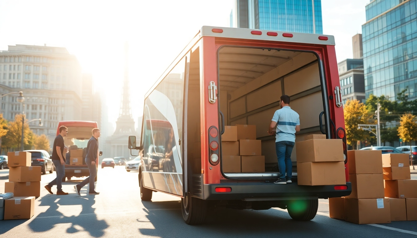 Movers from moving companies across provinces packing a van in an urban environment.