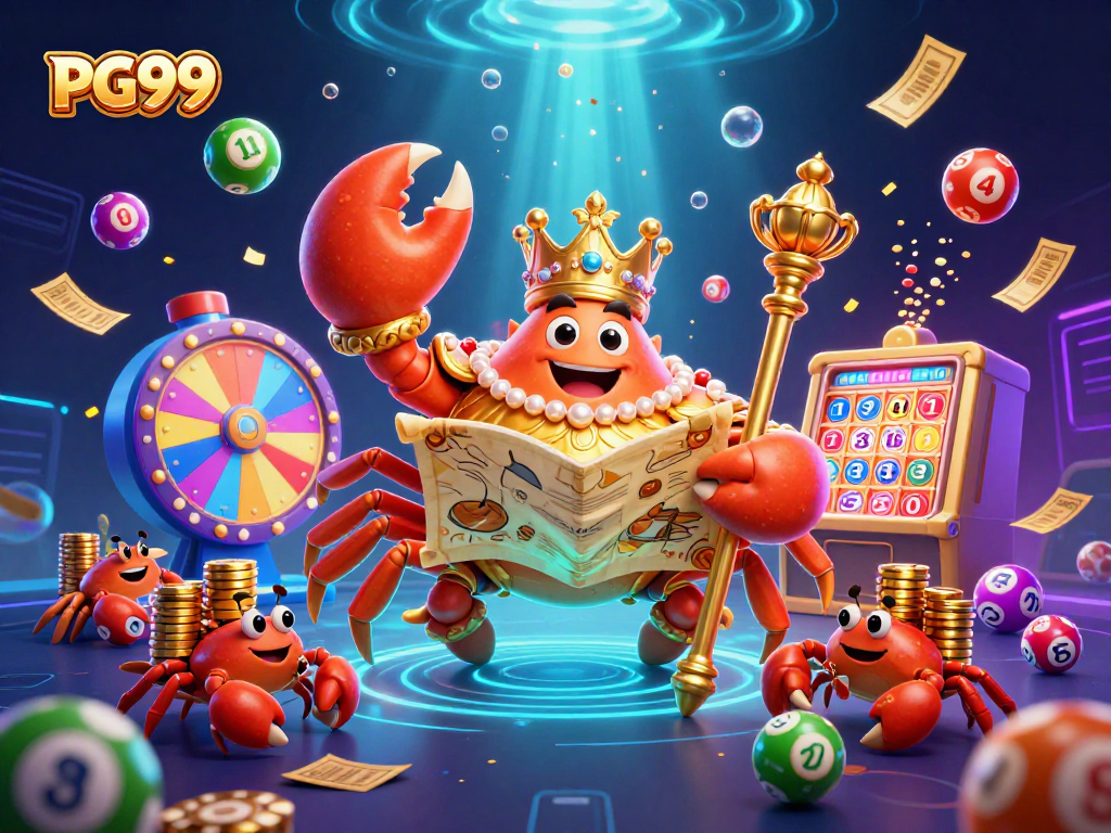 Experience the excitement of PG99 gaming with a vibrant lottery-themed 3D illustration filled with colorful elements.