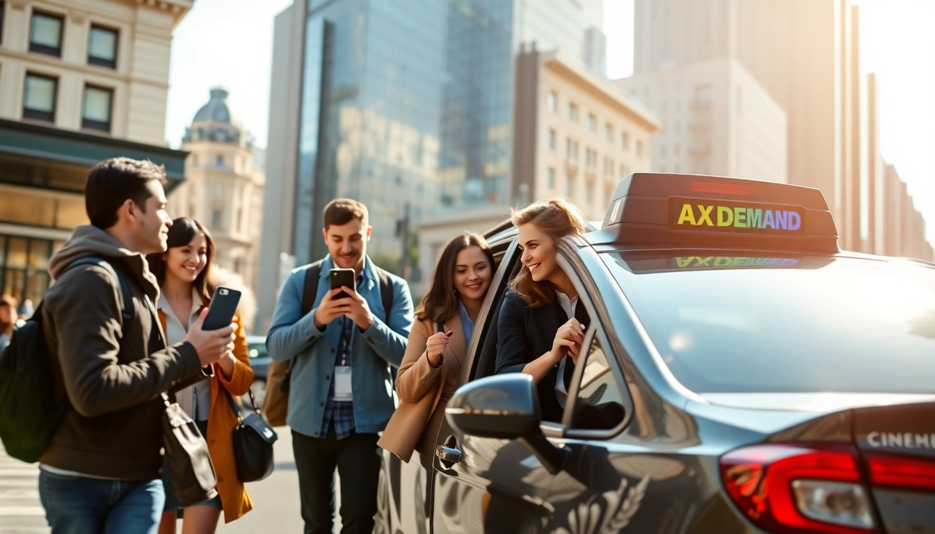 Engaging scene of on demand ride service vehicle with happy passengers using an app to book rides.