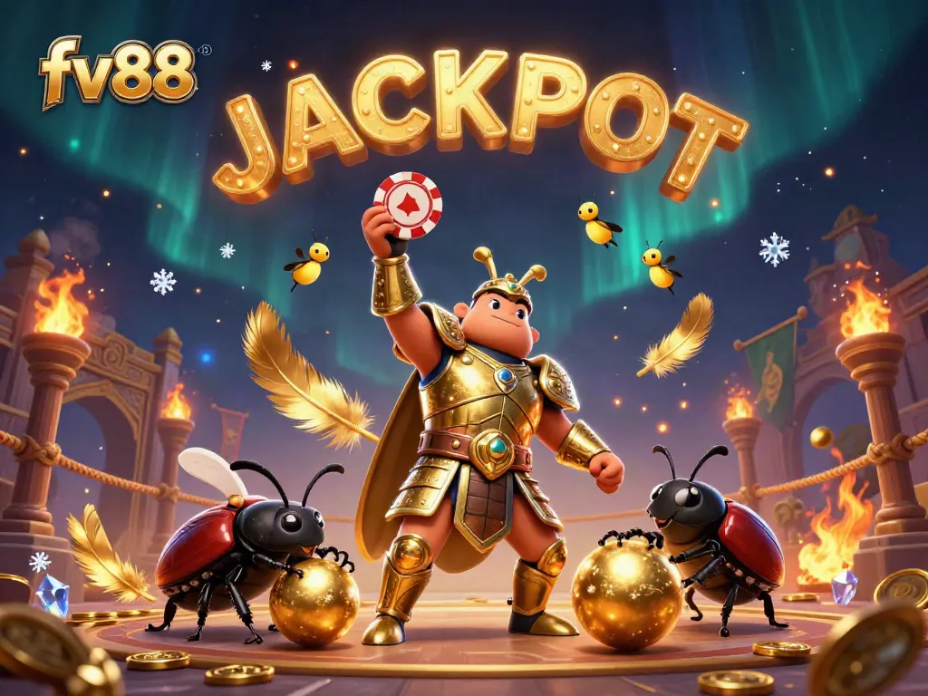 Engage in thrilling online gaming with FV88 as a 3D cartoon beetle lifts a poker chip in victory.