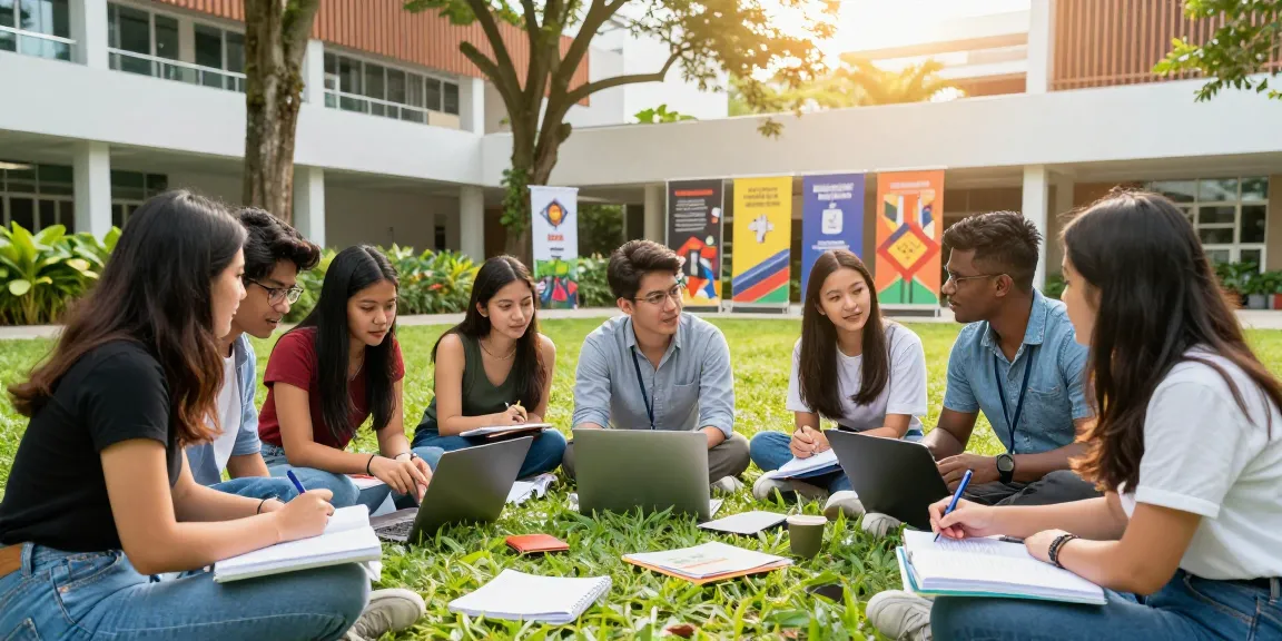 Du học Singapore: Sinh viên quốc tế học tập vui vẻ tại khuôn viên trường đại học hiện đại.