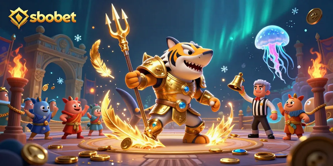 Experience sbobet thrills with a fierce tiger shark in gladiator armor, amidst dynamic underwater betting action.