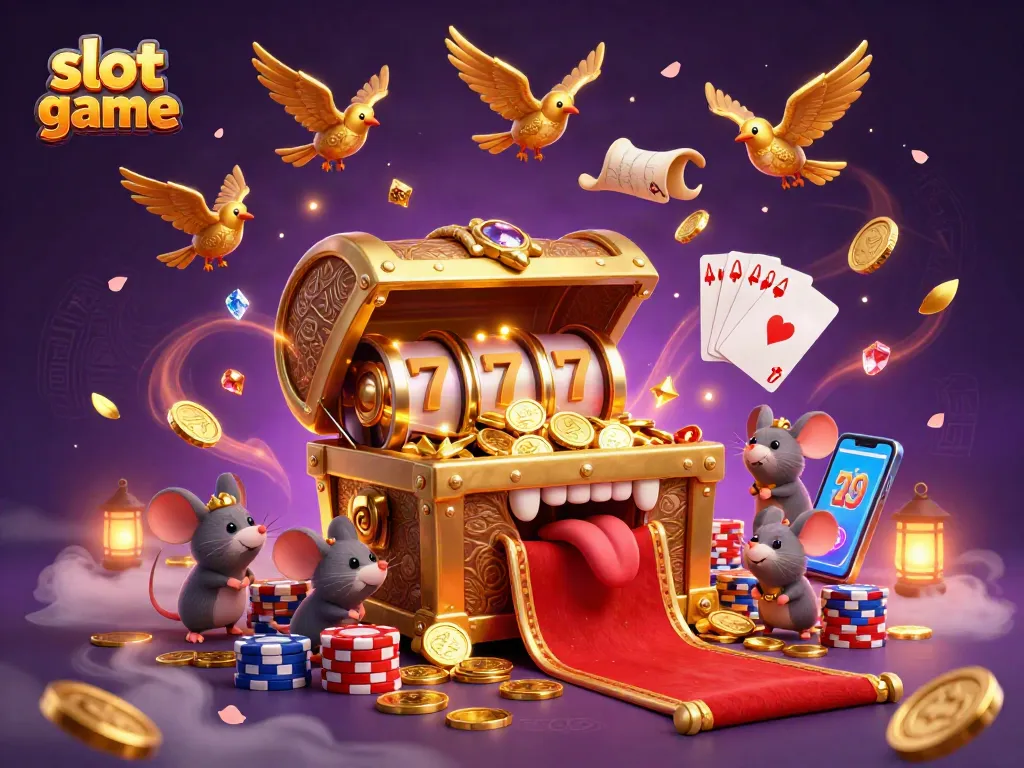 Experience the excitement of a slot game with a treasure-filled scene featuring dynamic characters and captivating elements.