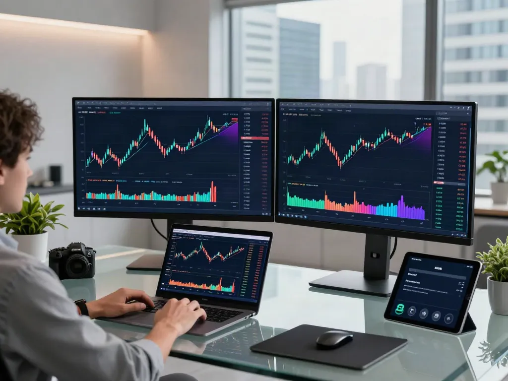 港股API trading interface displayed on dual monitors in a modern office workspace with real-time analytics, cryptocurrency alerts, and security measures.
