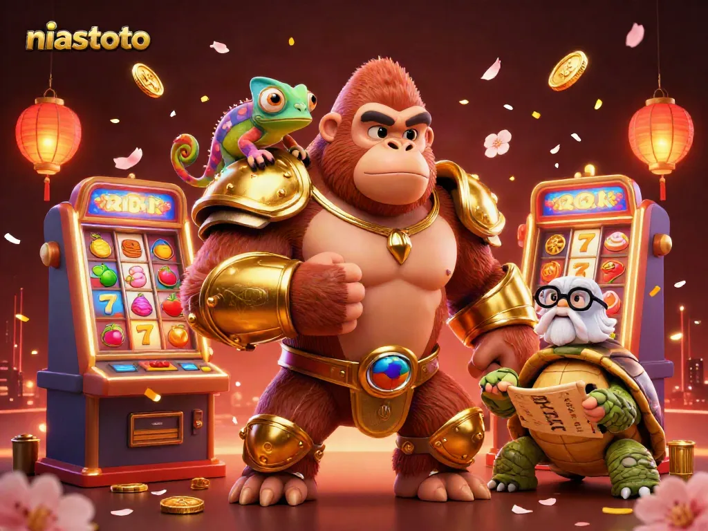 NIASTOTO gorilla king amidst vibrant slot machines and cherry blossoms, symbolizing gaming excitement.