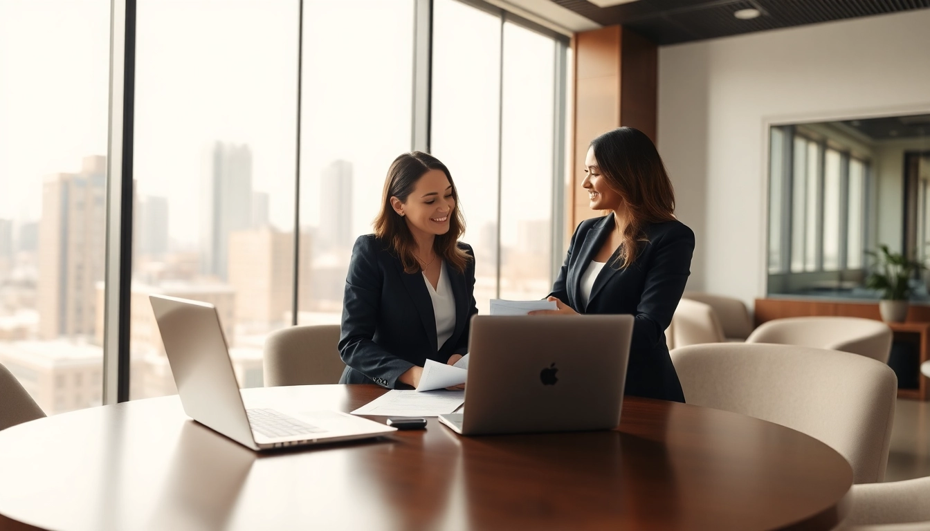 Engaging professionals discussing Multi-state title and escrow services in a modern office setting.