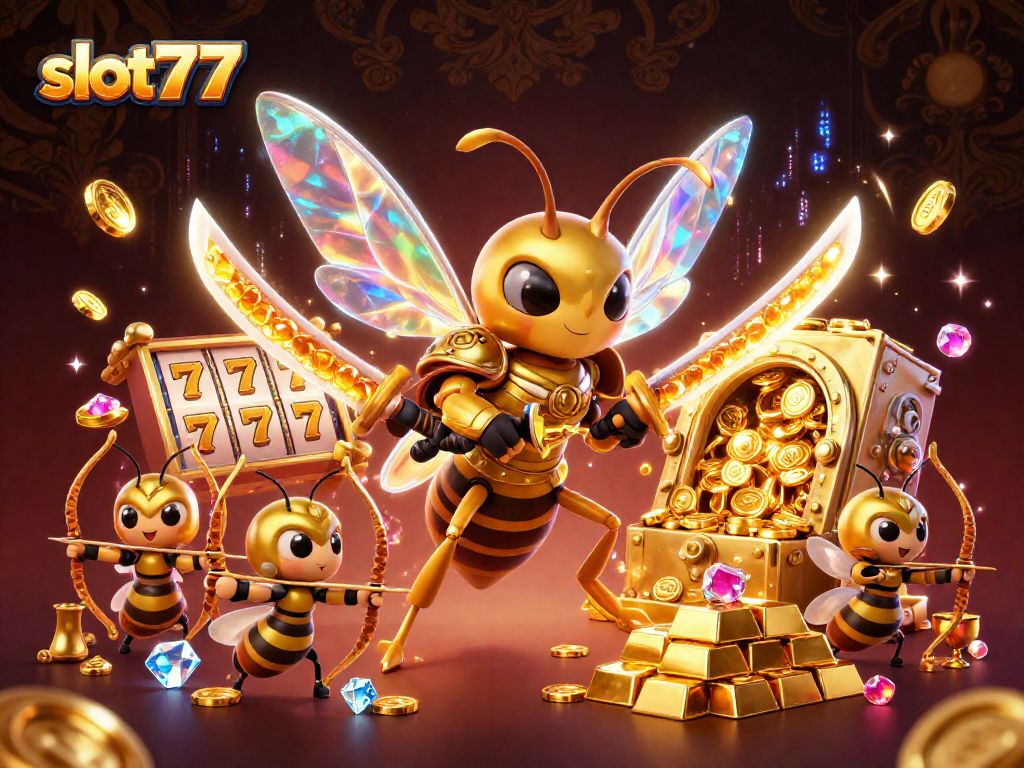 Spin the reels with slot777, featuring a vibrant 3D scene of a giant golden hornet and treasures.