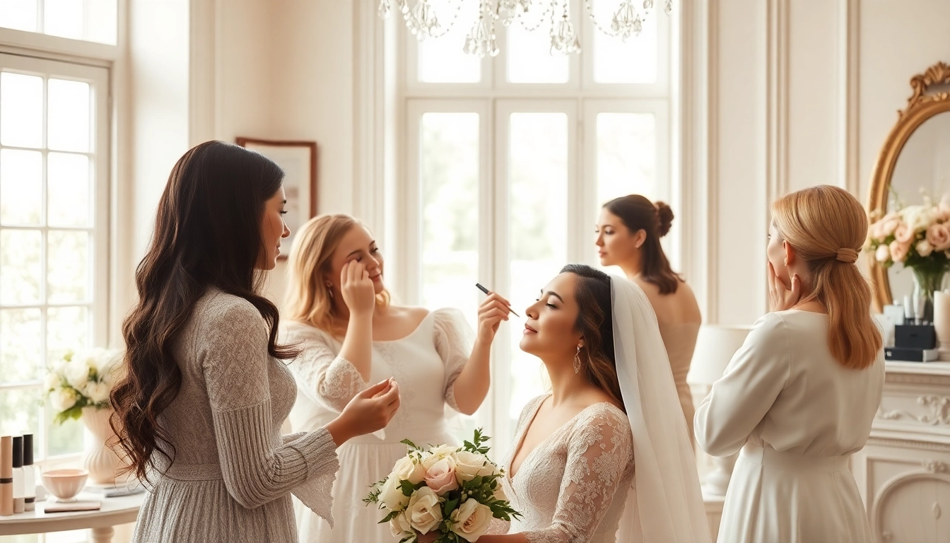 Bridal makeup team Dallas TX applying beautiful makeup to a bride in an elegant setting.