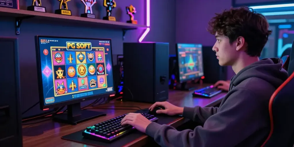 Player enjoying an exciting online slot gacor game on a modern gaming setup with vibrant atmosphere.