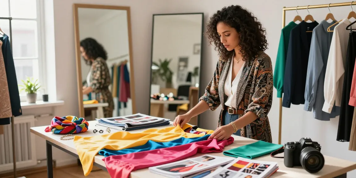 Consulente d'immagine che guida un cliente nella scelta di abiti trendy in uno studio luminoso.