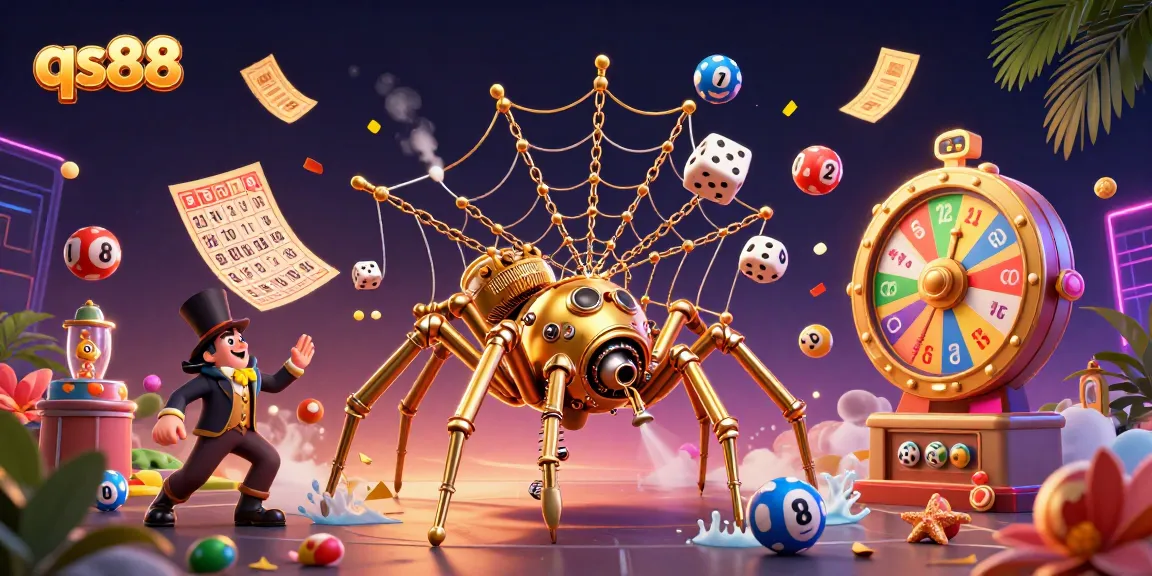 Engage with qs88 as a steampunk spider captures dice in a vibrant casino scene with colorful game elements.