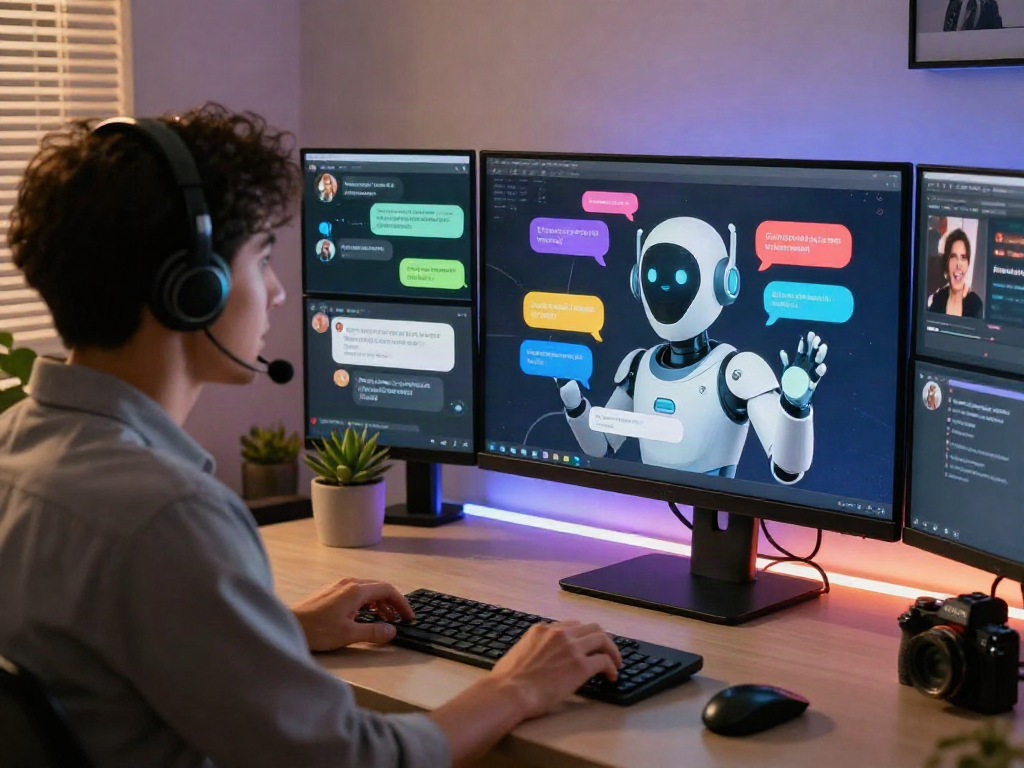 User interacting with an engaging nsfw chat bot in an inviting digital workspace