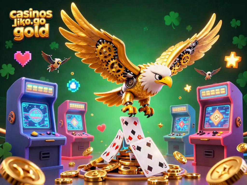 Experience thrilling games like Go Go Gold with our vibrant casino-style illustration of a golden eagle amidst exciting gaming elements.