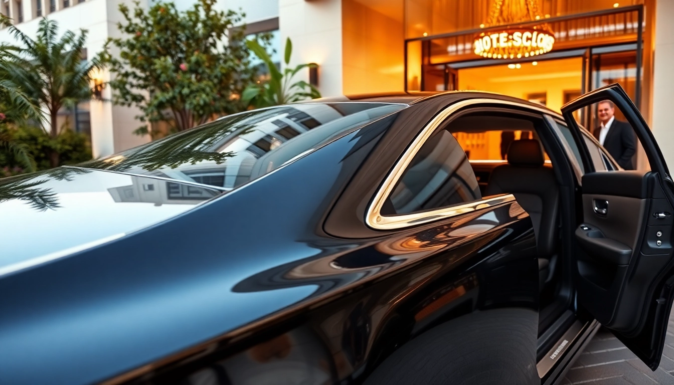 Luxury car service showcasing an elegant vehicle ready for clientele at a hotel.
