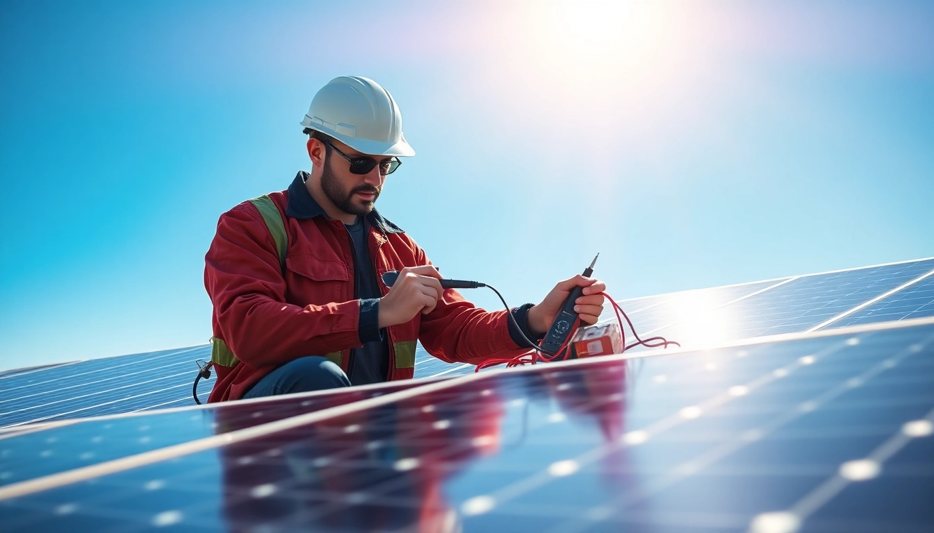Technician conducting emergency solar panel repair on a rooftop, showcasing expertise and focus.