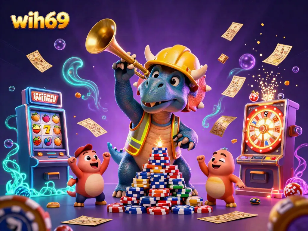 Wih69, pengalaman bermain slot yang mengasyikkan dengan karakter dinosaur dan elemen kasino yang meriah.