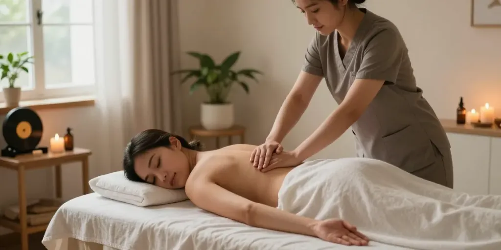수원토닥이에서 제공하는 아로마 마사지 모습과 편안한 분위기의 마사지실