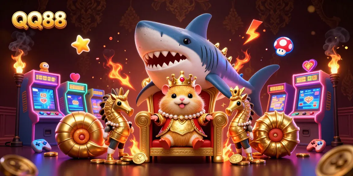 Engage in gaming excitement with QQ88, featuring a hamster king and vibrant casino elements.