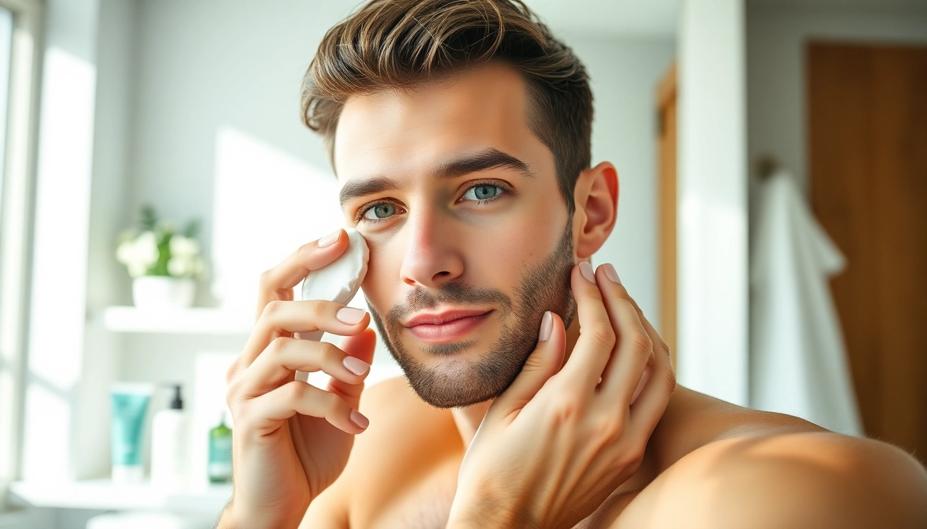 Man demonstrating effective skin care for men in a contemporary bathroom.