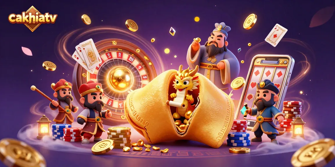 CakhiaTV features a golden fortune cookie with a wise dragon amidst dazzling casino elements for gamblers.