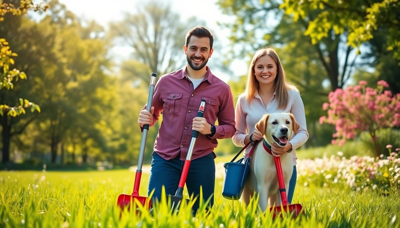 A team providing dog pooper scooper service joyfully maintains a clean park.