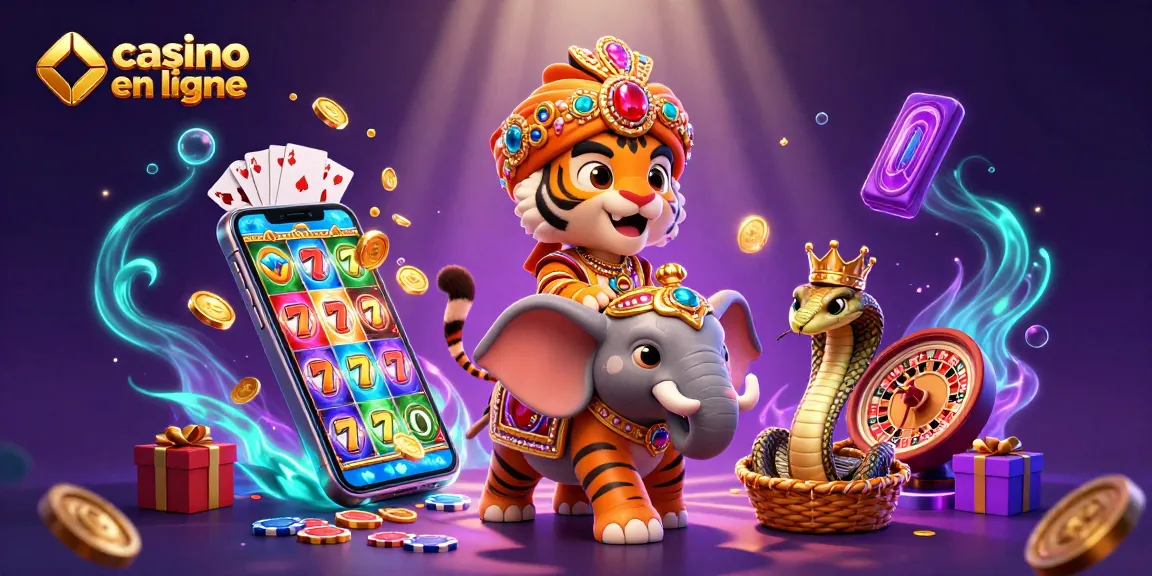 Illustration d'un tigre maharaja et d'un éléphant, jouant aux jeux de casino en ligne.