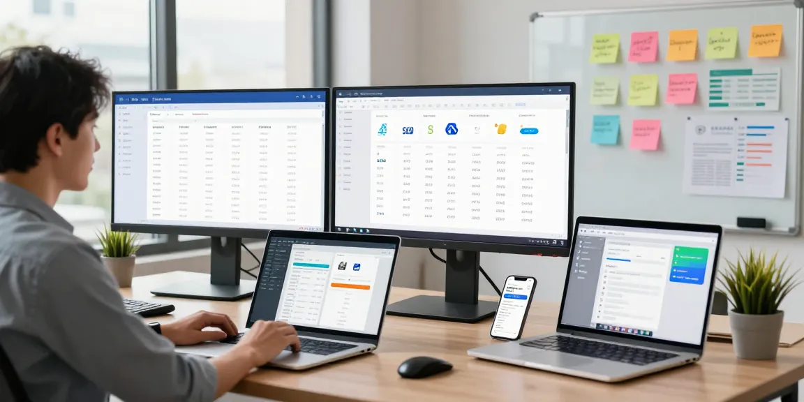 Buy app installs in a marketing workspace with analytics and app performance data displayed on screens.