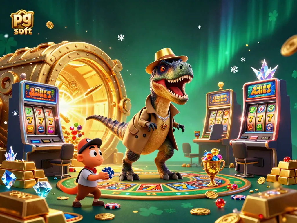 Ilustrasi kasino 3D menunjukkan velociraptor sedang bermain mesin slot di bawah pengawasan stegosaurus, dengan banyak harta berkilau.
