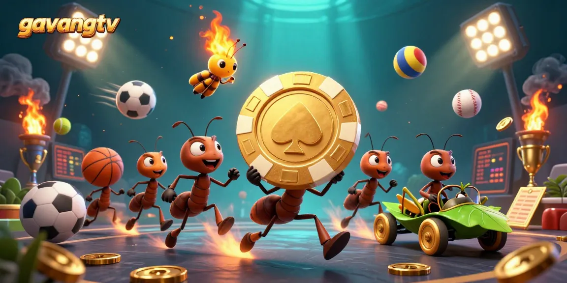 gavangtv showcases ants executing a heist featuring a gigantic golden poker chip, vibrant casino elements