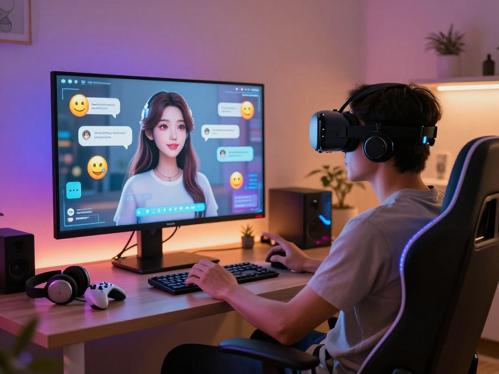 Engaged interaction with an AI girlfriend in a cozy virtual reality setting