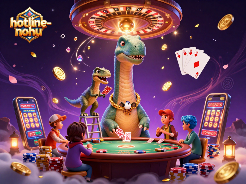 Experience thrilling moments in hotline-nohu with a towering dinosaur and clever raptor amidst vibrant casino elements.