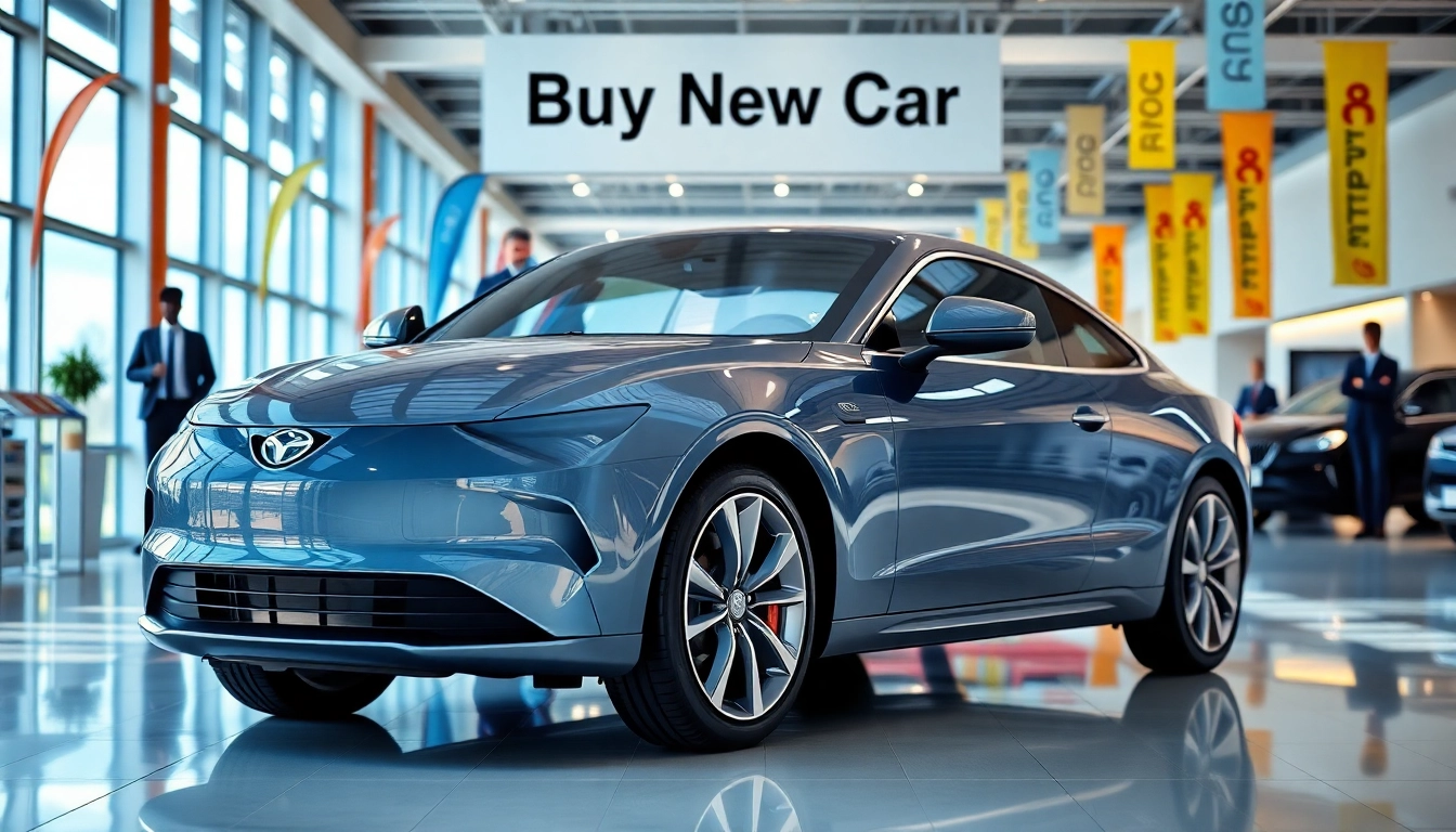 Buy New Car displayed in a vibrant dealership ambiance, highlighting sleek features and inviting atmosphere.