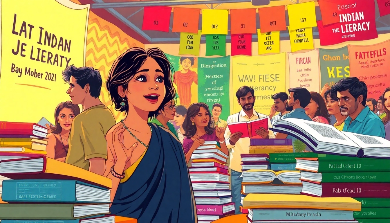 A lively literary festival showcasing diverse Indian contemporary literature with engaging authors.