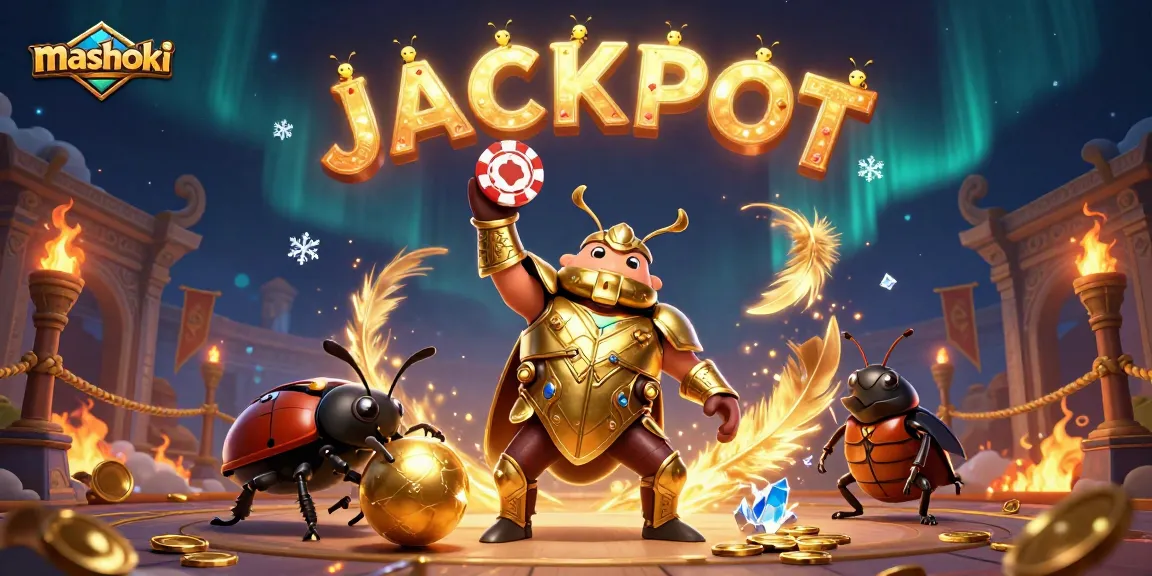 Mashoki highlights a victorious beetle lifting a poker chip, set in a vibrant casino arena.