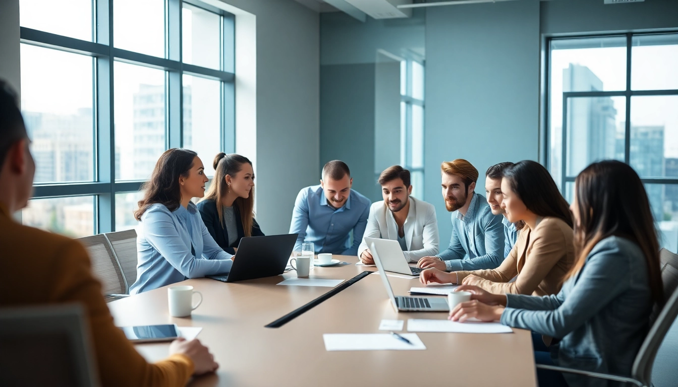 Engaging professionals discussing staffing agencies strategies in a modern office.