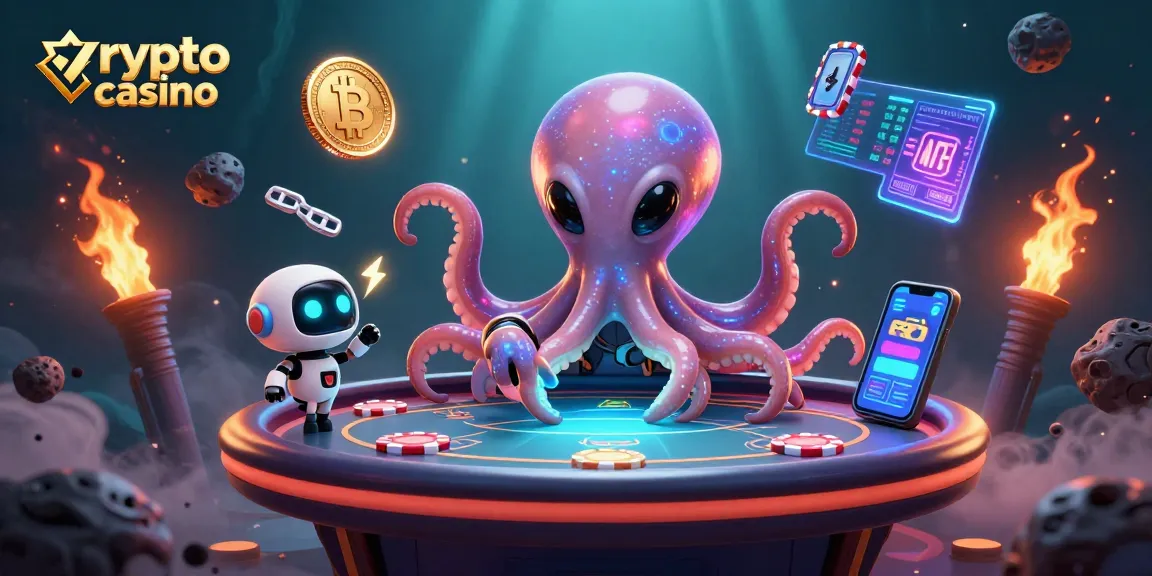 Gioca nel crypto casino con un polpo alieno e un robot, immersi in un'atmosfera futuristica.