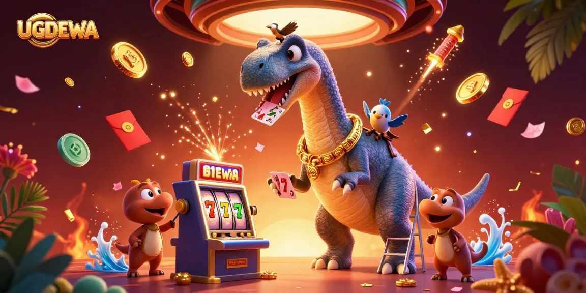 Experience ULTRA-ENGAGING slot action at UGDEWA with giant characters and vibrant casino elements.