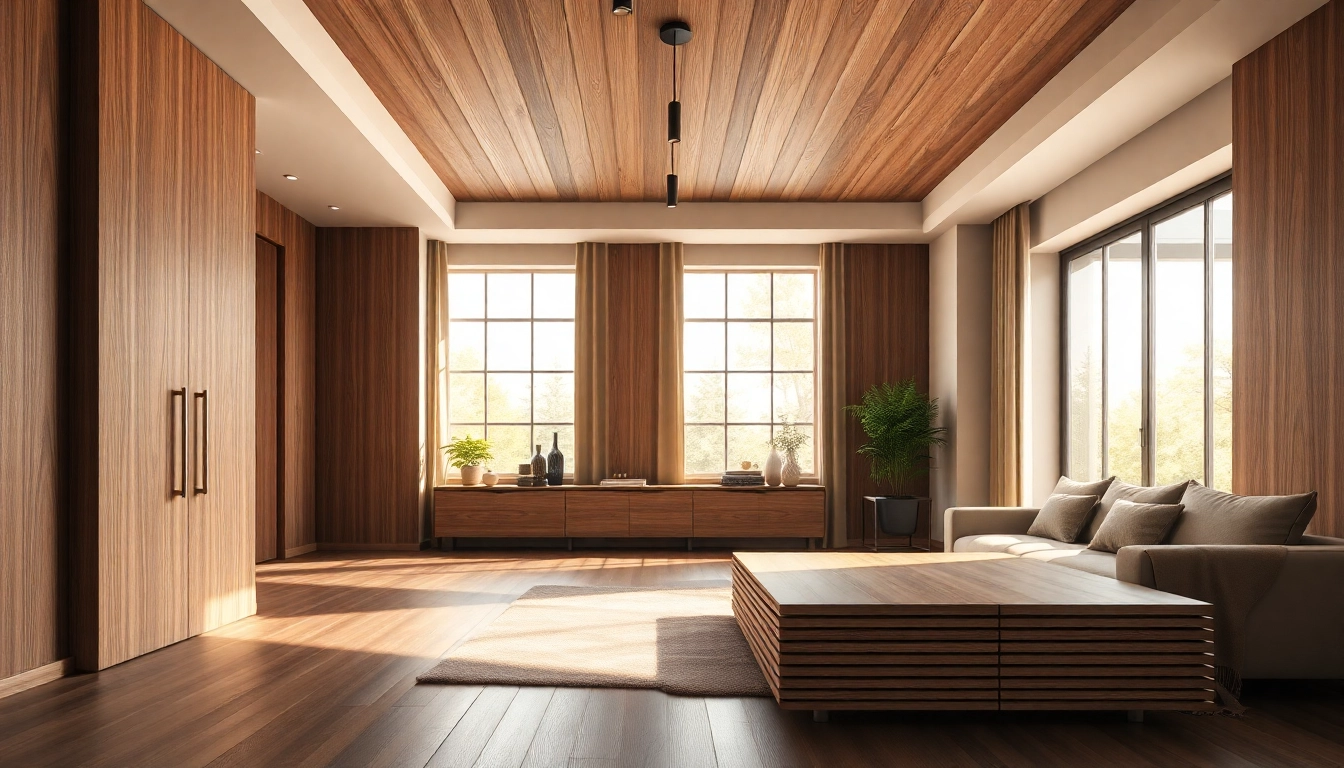 Showcasing surfacing solutions through elegant wooden panel interiors and cozy lighting.